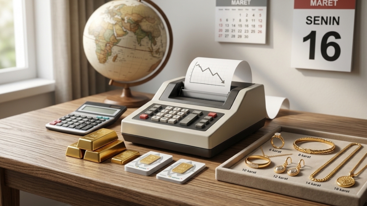 Harga Emas 16 Maret 2026 Turun Tipis, Simak Daftar Lengkap Harga Antam dan Perhiasan dari 6 hingga 24 Karat