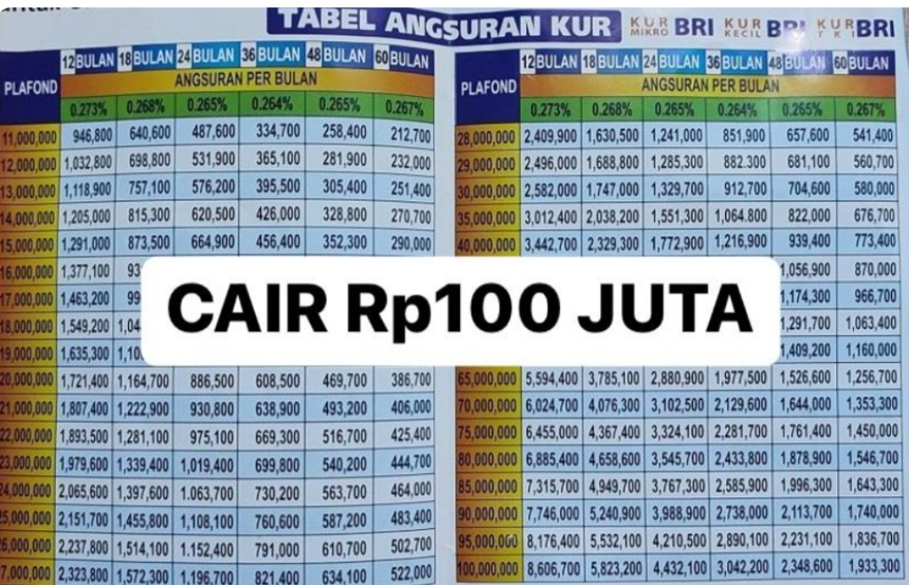 Simulasi Pinjaman KUR BRI Rp 100 Juta Tanpa Jaminan Dan Cicilan 5 Tahun