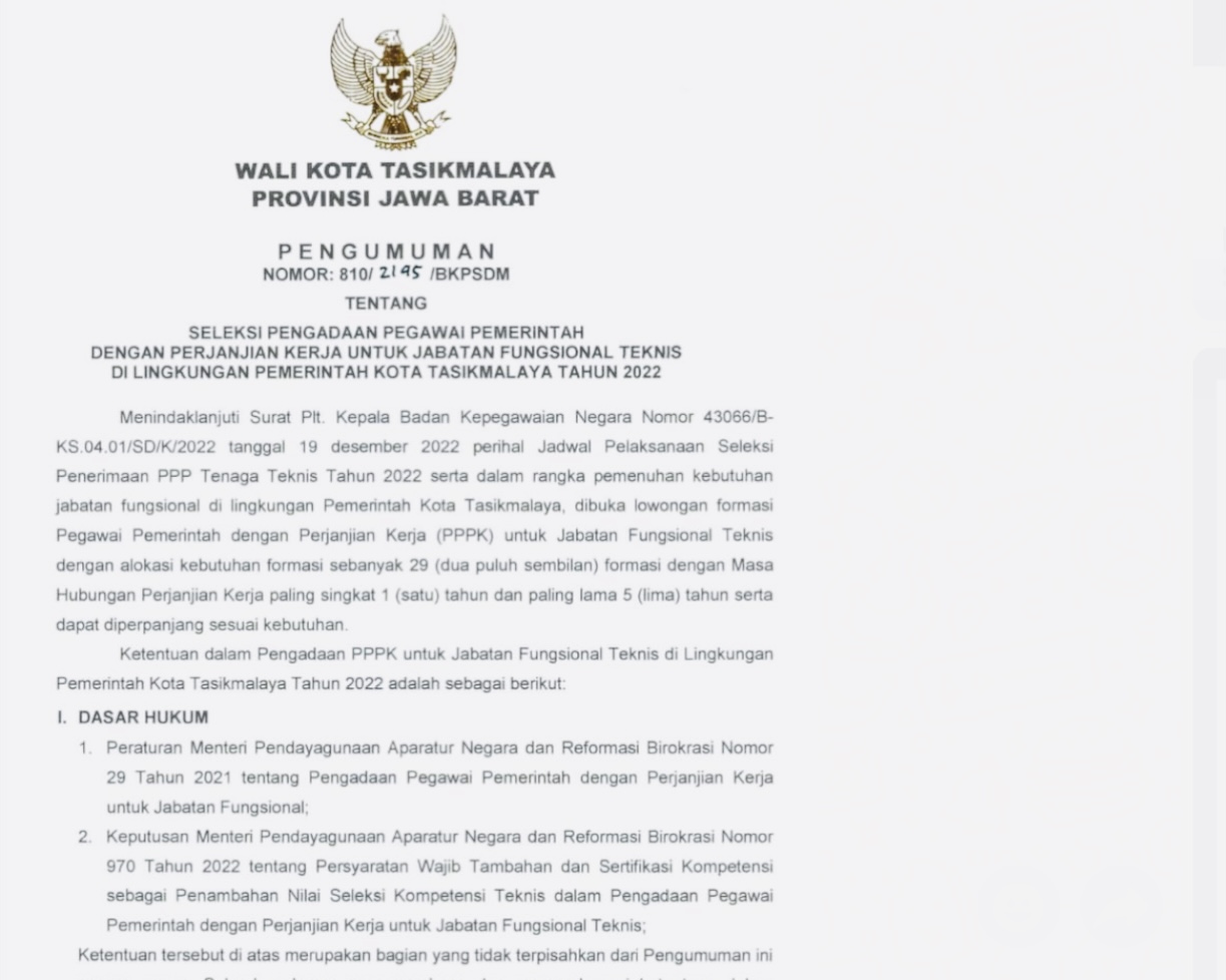 Cek Link Pendaftaran Penerimaan Pegawai PPPK di Pemkot Tasik, Pendaftaran Mulai 21 Desember 2022