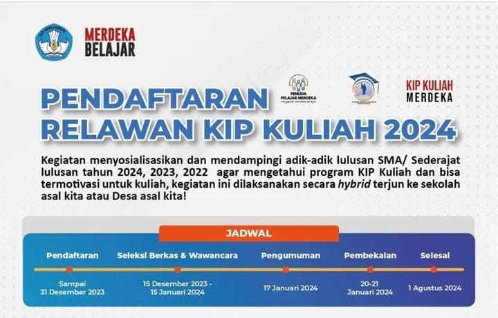 Pendaftaran Relawan KIP Kuliah 2024 Telah Dibuka, Tugasnya Sosialisasi ke Sekolah dan Desa Asal, Ini Linknya 