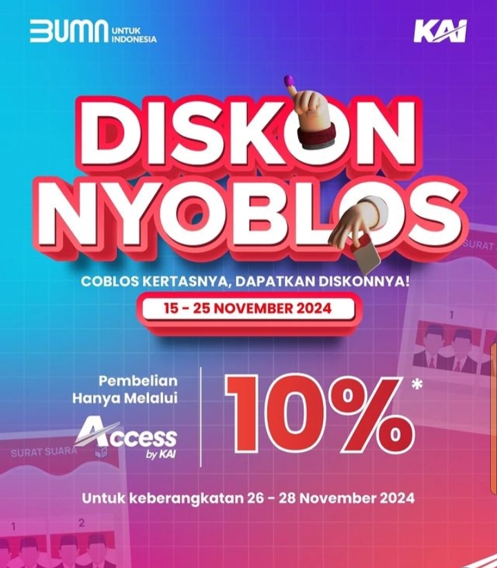 Promo Diskon Nyoblos! Diskon 10% Tiket Kereta Api Menyambut Pilkada Serentak 2024