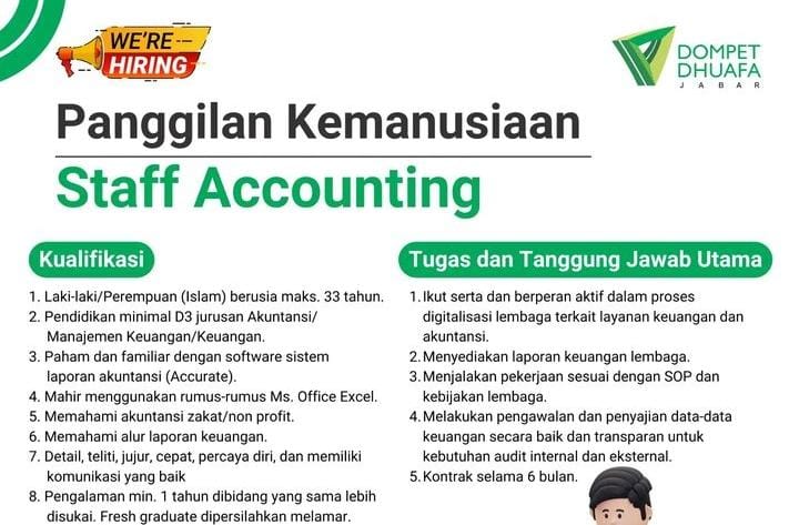 Panggilan Kemanusiaan, Dompet Dhuafa Jabar Buka Loker Staff Accounting, Terbuka untuk Fresh Graduate