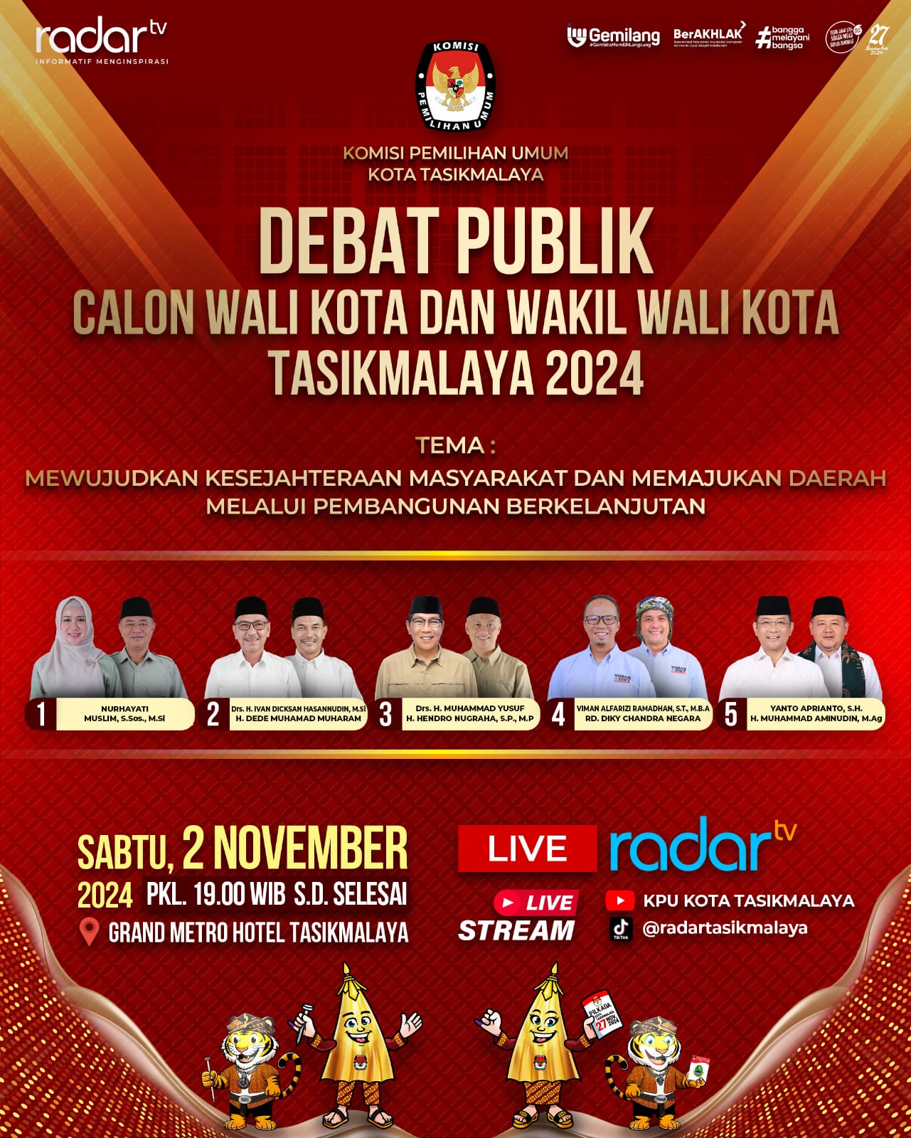 Perdana! Persaingan Ketat Lima Calon Pasangan di Debat Calon Wali Kota dan Wakil Wali Kota Tasikmalaya 2024