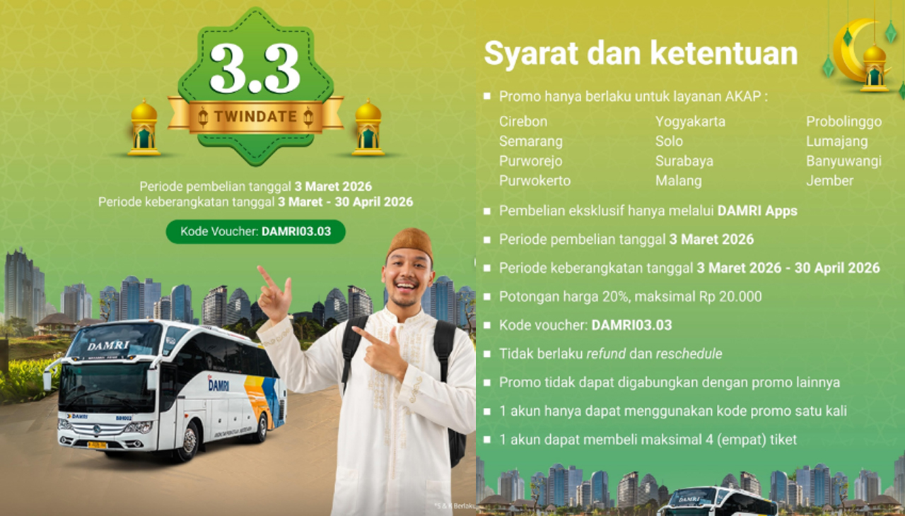 Cara Dapatkan Tiket DAMRI Diskon 20 Persen Agar Mudik Lebaran 2026 Hemat? Cek Rute dan Syaratnya!