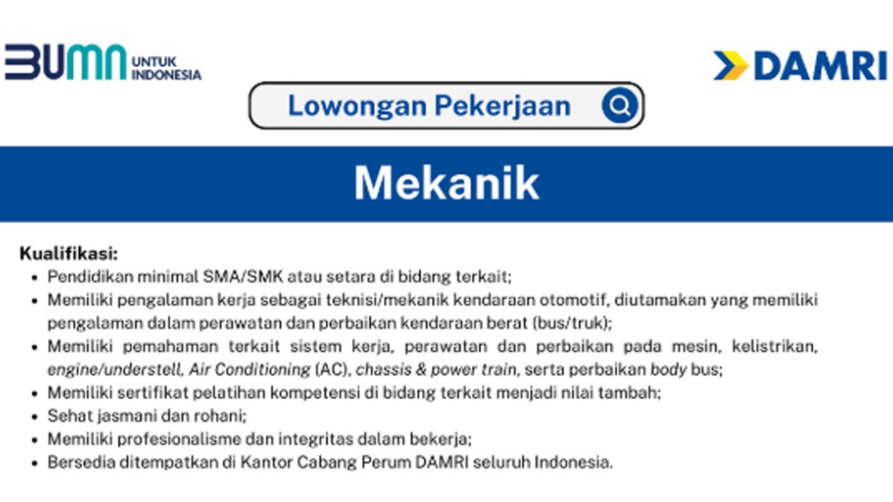 Lowongan Kerja Damri untuk Lulusan SMA/SMK, Cek Syarat dan Cara Daftarnya