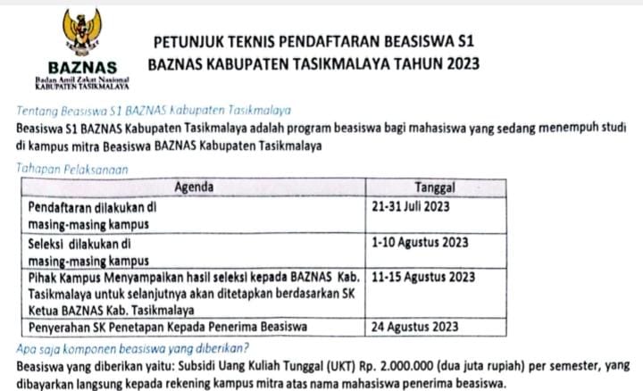 Tata Cara Pendaftaran Beasiswa S1 Baznas Kabupaten Tasikmalaya dan Persyaratannya, Mahasiswa Tasik Harus Tahu!