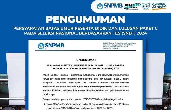 Info SNPMB 2024, Batas Umur Maksimal Peserta Didik dan Lulusan Paket C pada UTBK-SNBT 2024 Jadi 25 Tahun