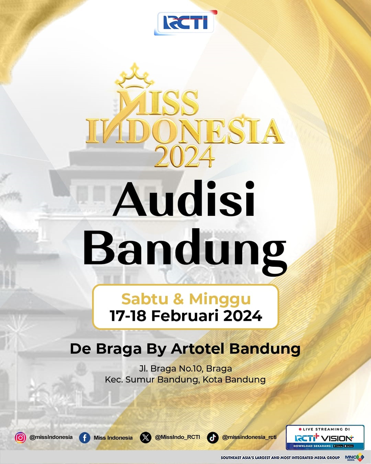 Bandung Jadi Kota Pembuka Audisi Miss Indonesia 2024, Cek Jadwal di 4 Kota Besar di Pulau Jawa