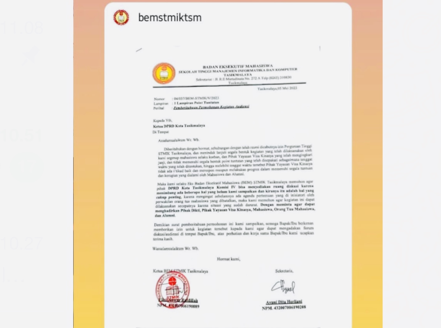 Kondisi Darurat Eks Mahasiswa STMIK Tasikmalaya Surati DPRD, Minta Dipertemukan dengan Dikti dan Yayasan