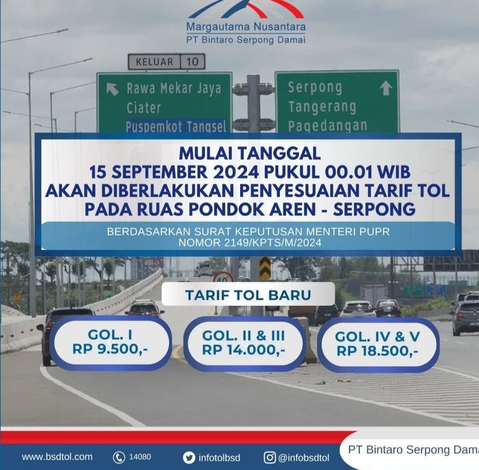 Resmi ! Kenaikan tarif Tol Pondok Aren Serpong Mulai Tanggal 15 September 2024