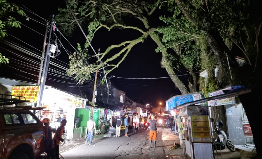 Hati-hati di Jalan Peta Macet, BPBD Kota Tasik Evakuasi  Batang Pohon Patah Timpa Kabel