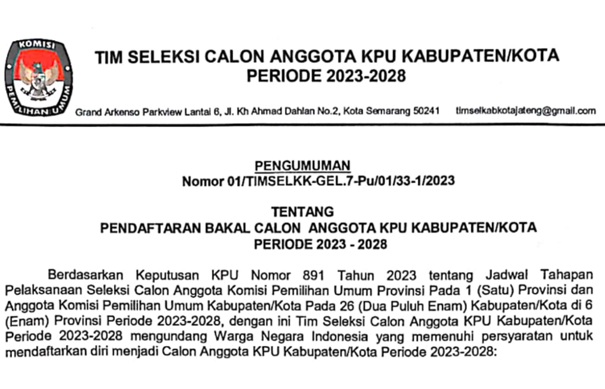 KPU Jateng Buka Pendaftaran Calon Anggota KPU 5 Kabupaten Kota Periode 2023-2028