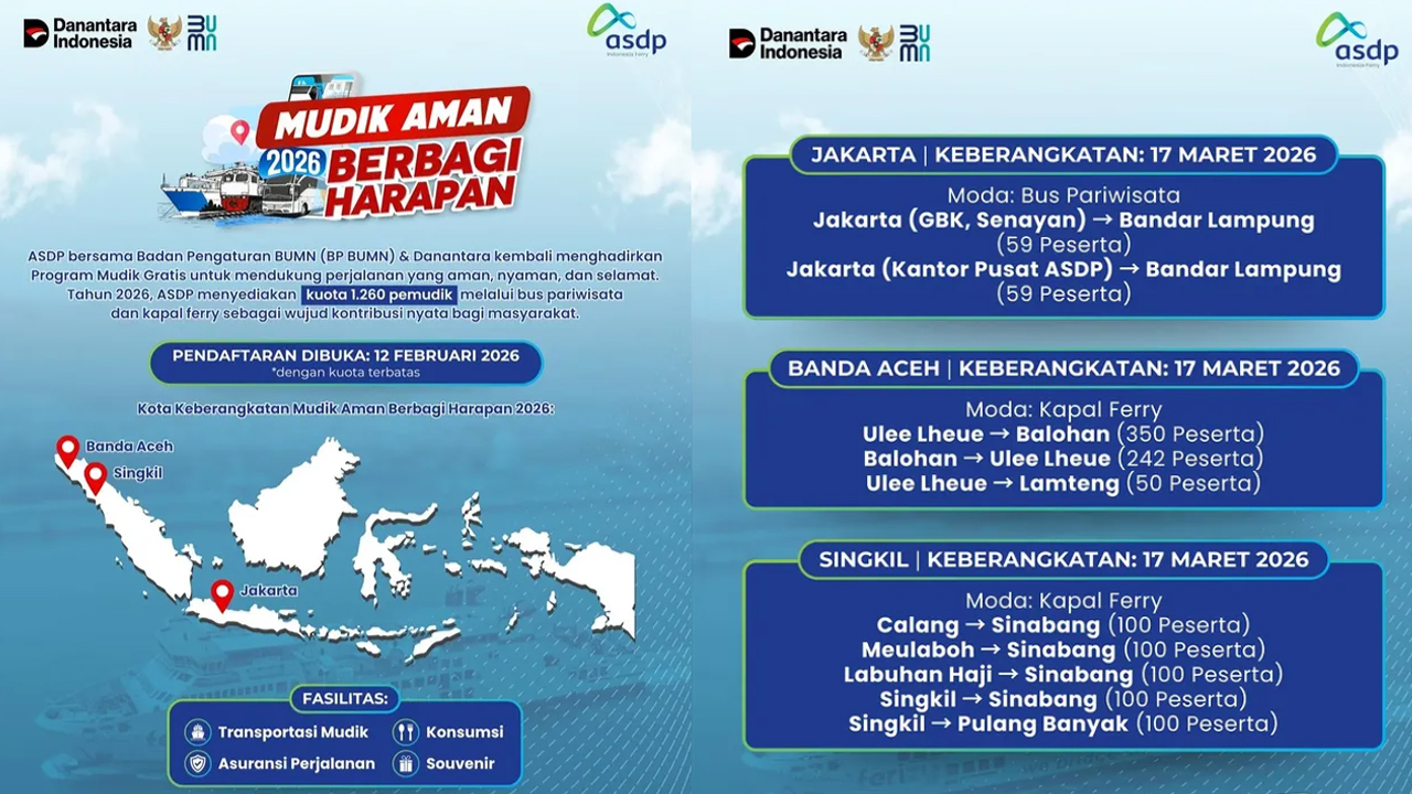 Rute dan Kuota Mudik Gratis ASDP 2026, Pendaftaran Dibuka Kamis untuk Bus dan Kapal Ferry