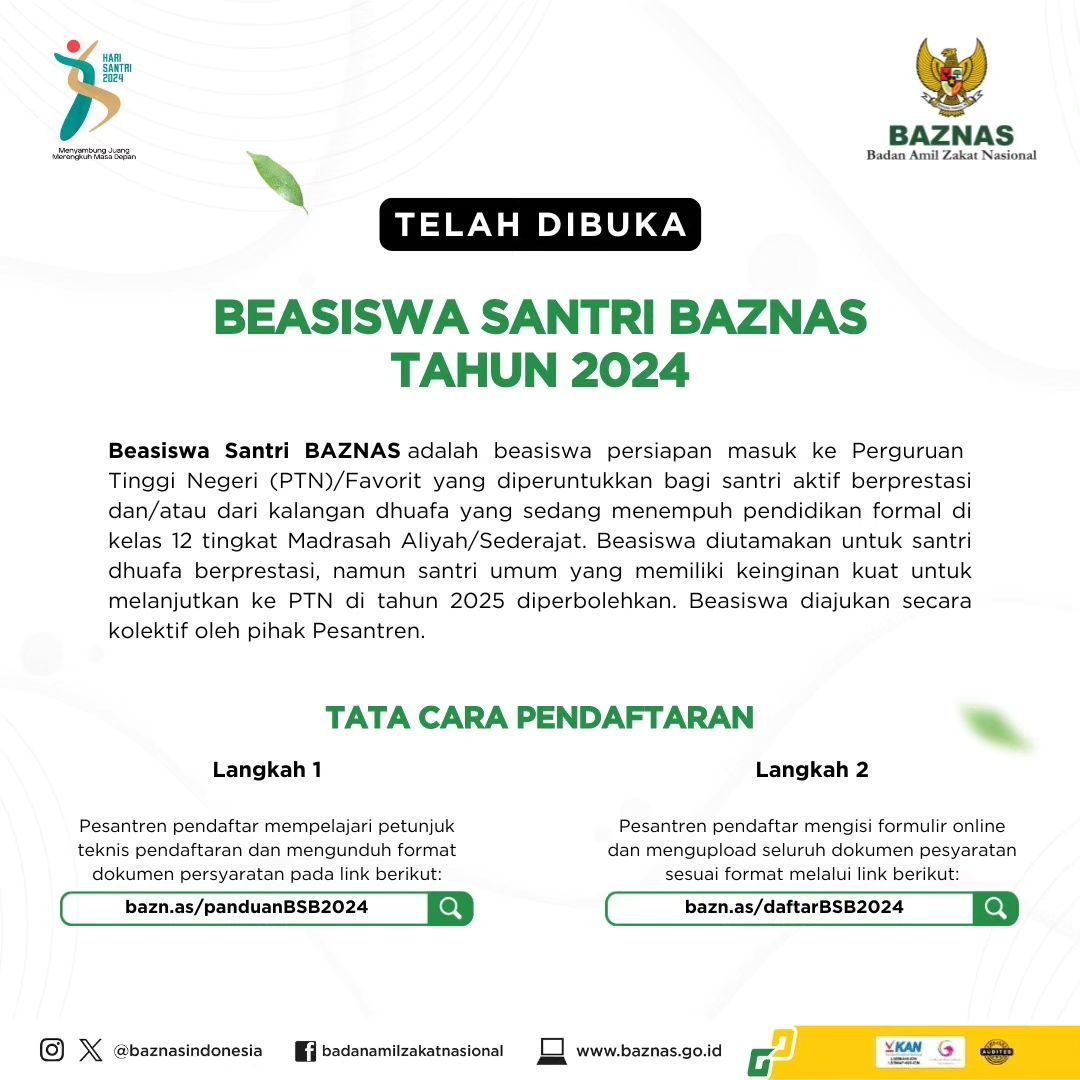 Beasiswa Baznas 2024: Kesempatan Emas untuk Santri Berprestasi. Simak Syarat dan Ketentuan Beasiswa!