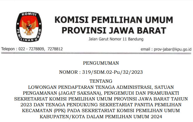 LINK Formasi dan Kualifikasi Pendidikan Lowongan Pegawai Sekretariat KPU Provinsi Jawa Barat