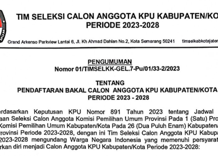 KPU Jateng Buka Seleksi Calon Anggota KPU 4 Kabupaten Periode 2023-2028