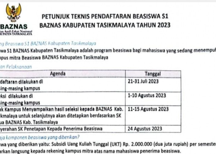 Tata Cara Pendaftaran Beasiswa S1 Baznas Kabupaten Tasikmalaya dan Persyaratannya, Mahasiswa Tasik Harus Tahu!