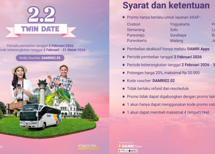 Damri Hadirkan Promo Tiket Spesial 2.2 Twin Date, Diskon AKAP hingga 20 Persen, Cek Rute Lengkapnya