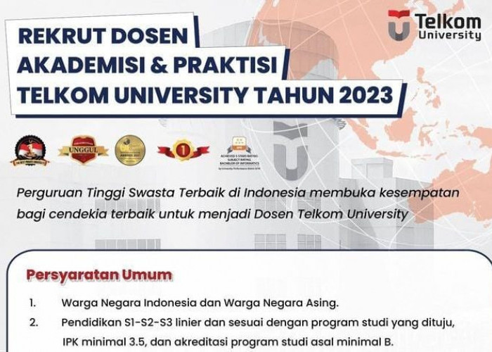 INFO LOKER! Telkom University Buka Lowongan Kerja untuk Dosen Akademisi dan Praktisi, Simak Persyaratannya