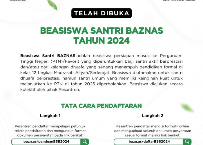 Beasiswa Baznas 2024: Kesempatan Emas untuk Santri Berprestasi. Simak Syarat dan Ketentuan Beasiswa!